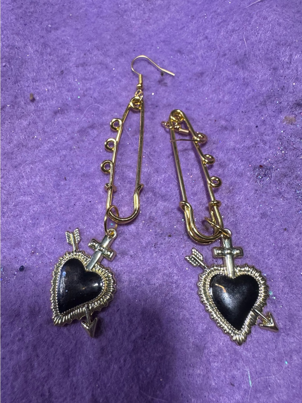 Gold-Tone Black Heart safety pin Dangle Earrings with Arrow Accent